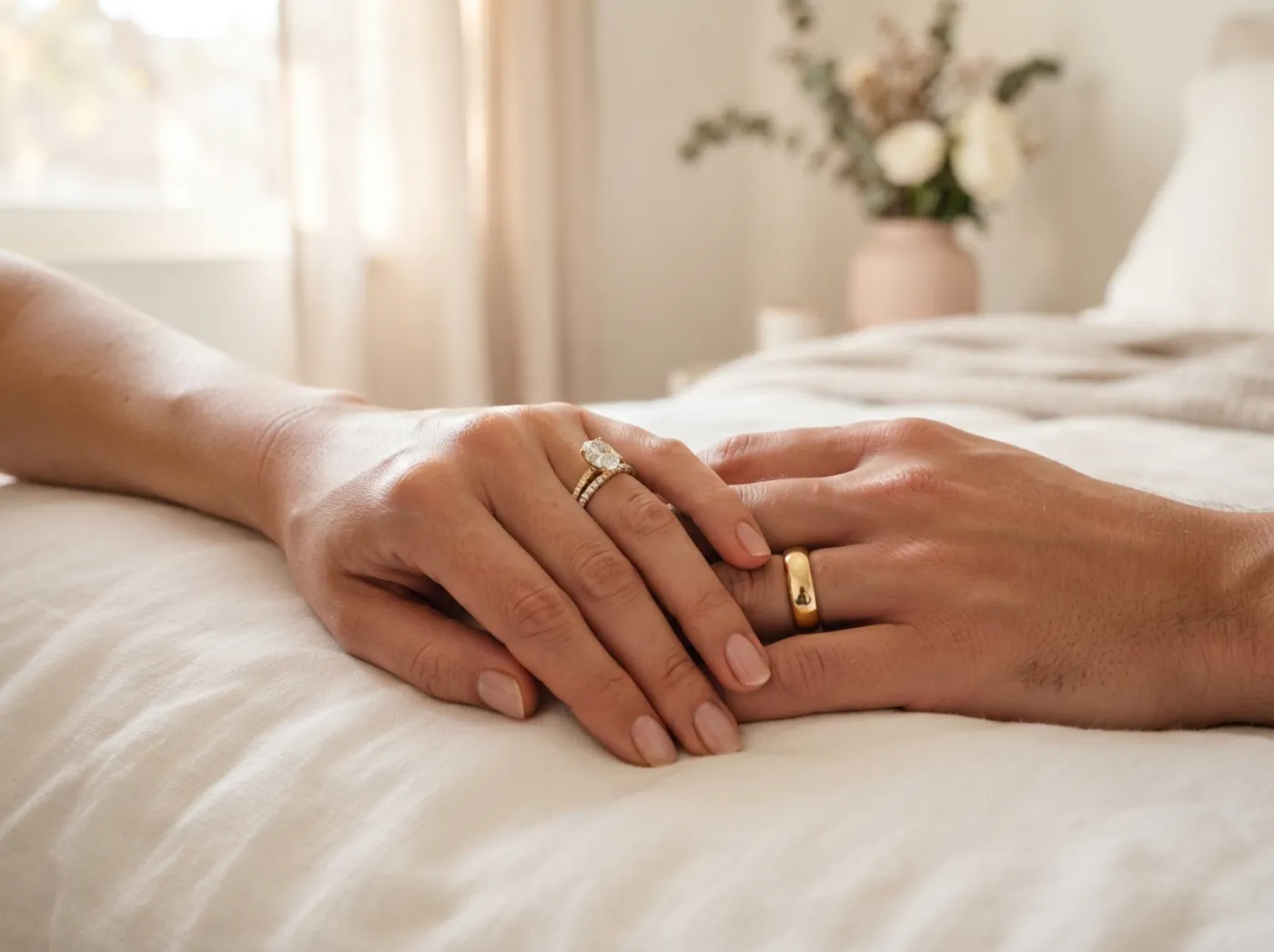 Two hands, an engagement ring stacked with a pavé band and a plain gold band