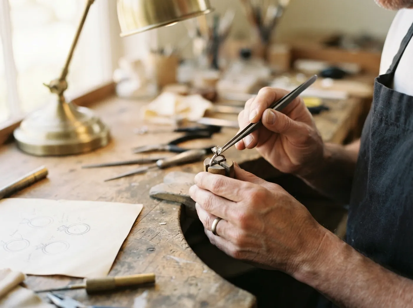 A master jeweler setting a diamond at the bench