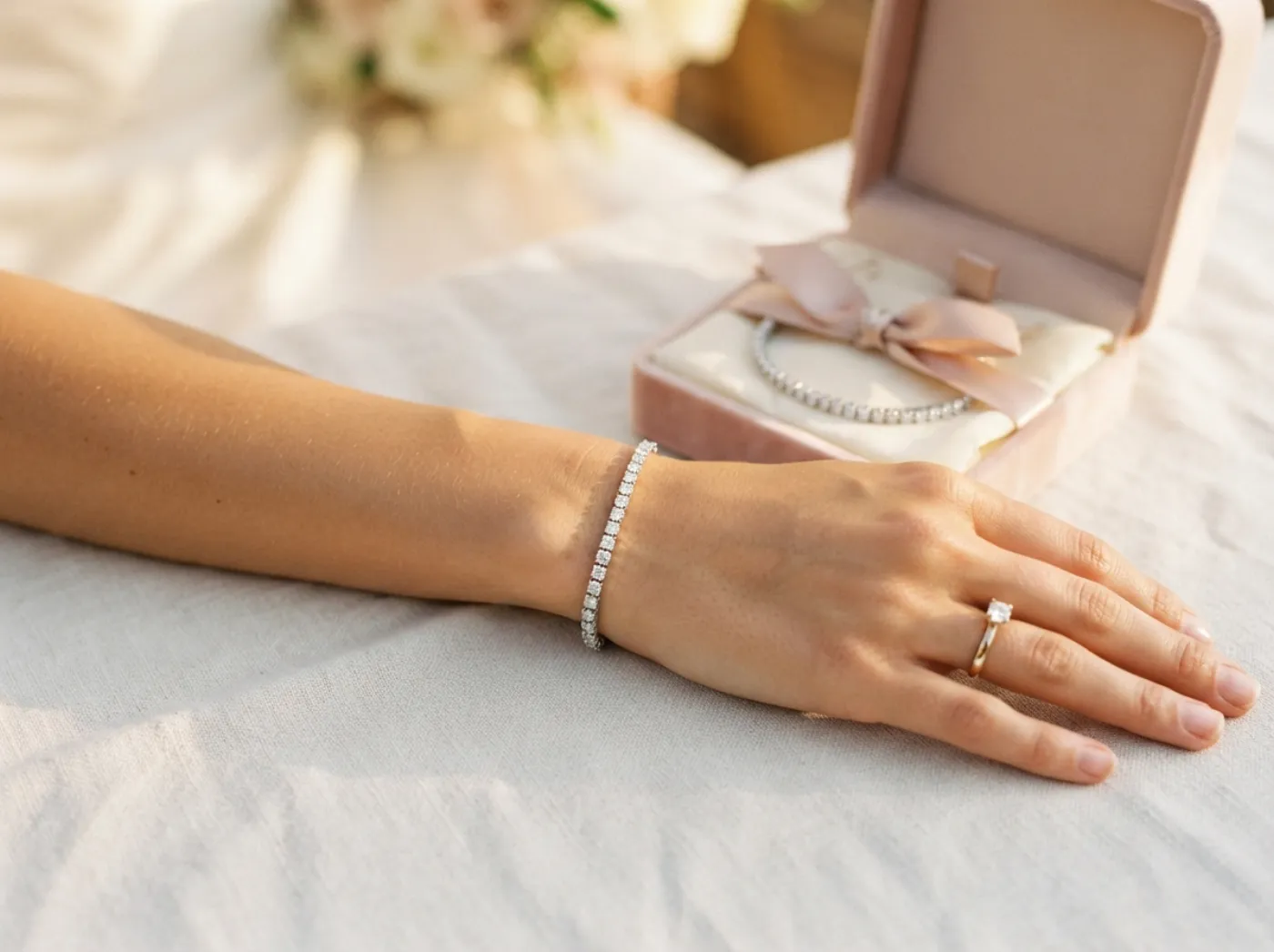A diamond tennis bracelet beside an open gift box