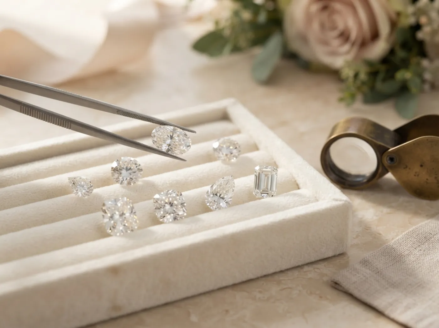 Loose diamonds on a velvet tray, one lifted in tweezers