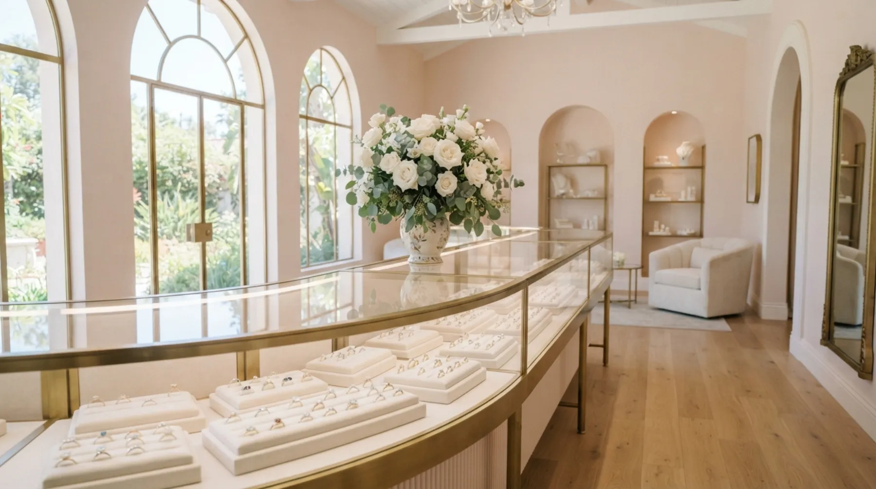 A bright Robbins Brothers showroom with rings on the counter